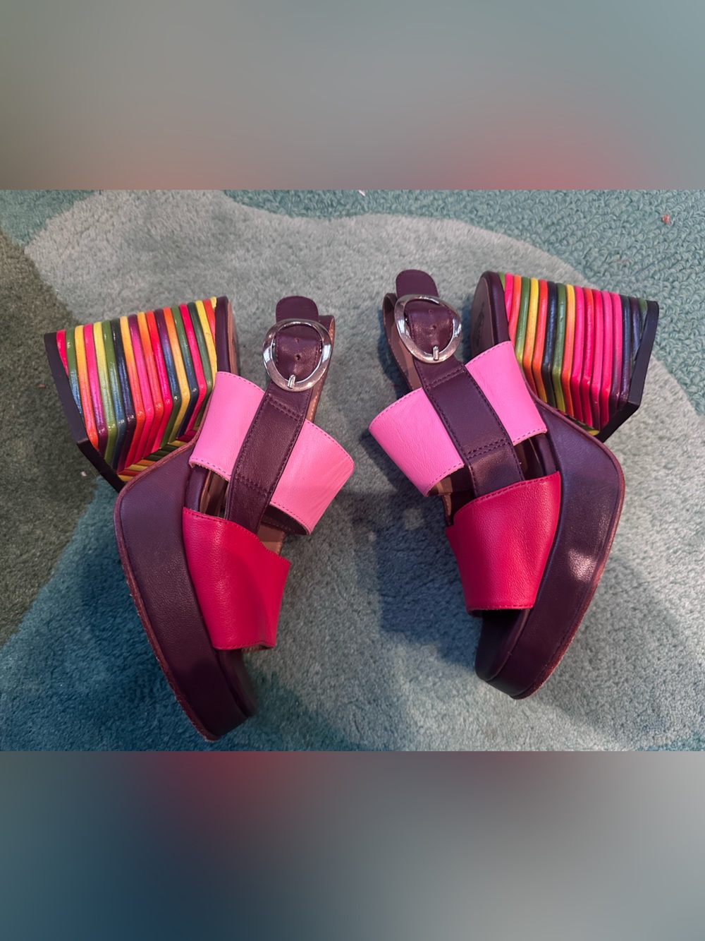 Fluevog NEARLY NEW Picnic Kerry striped rainbow heel platform open-toe sandal -6 - Picture 8 of 16